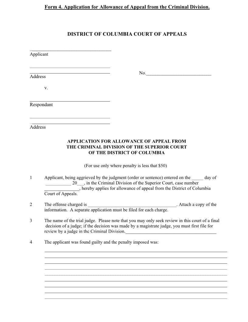 Application For Allowance Of Appeal From The Criminal Division | Pdf Fpdf Doc Docx | District Of Columbia