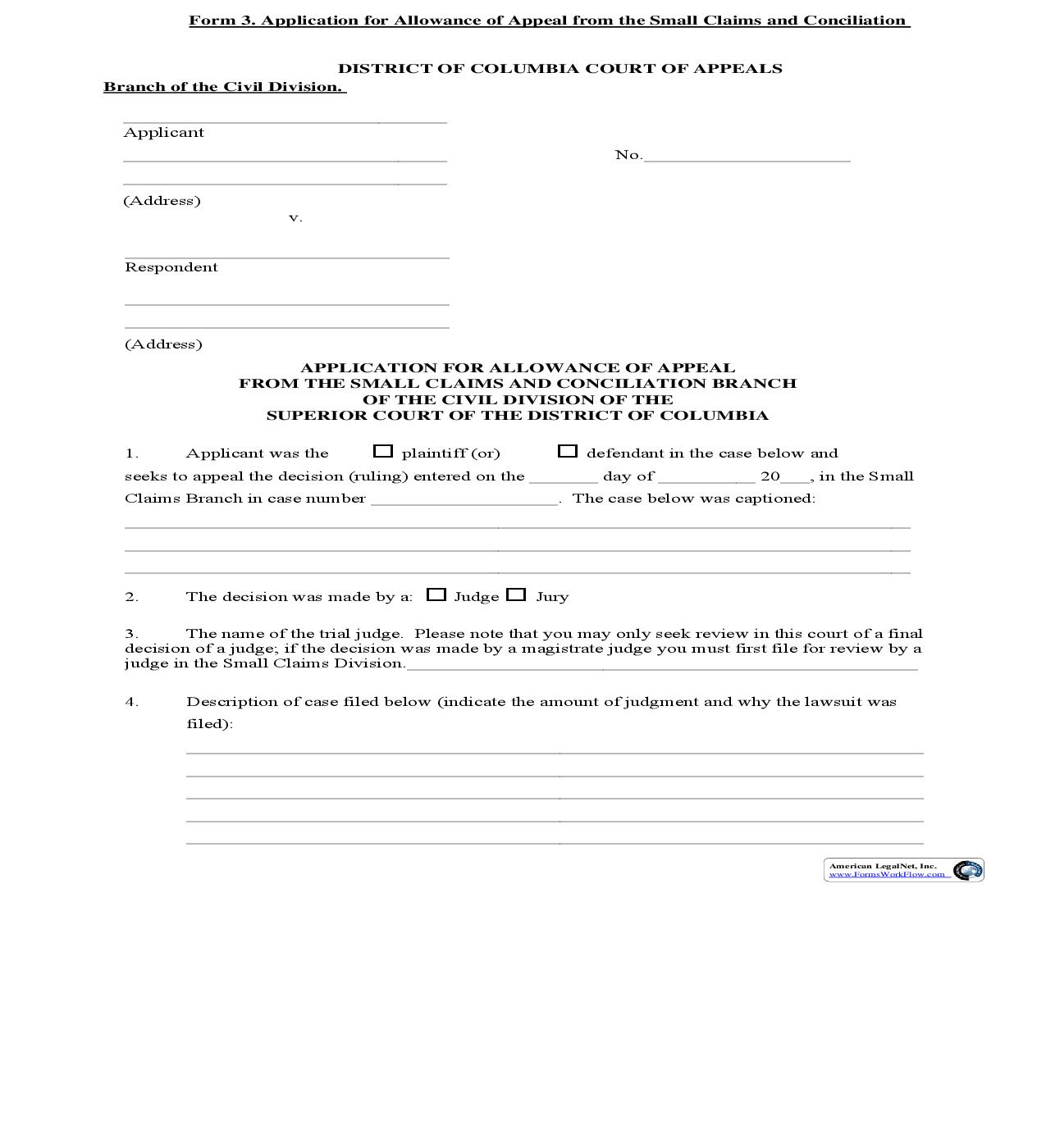 Application For Allowance Of Appeal From The Small Claims And Concilliation Branch Of The Civil Division | Pdf Fpdf Doc Docx | District Of Columbia