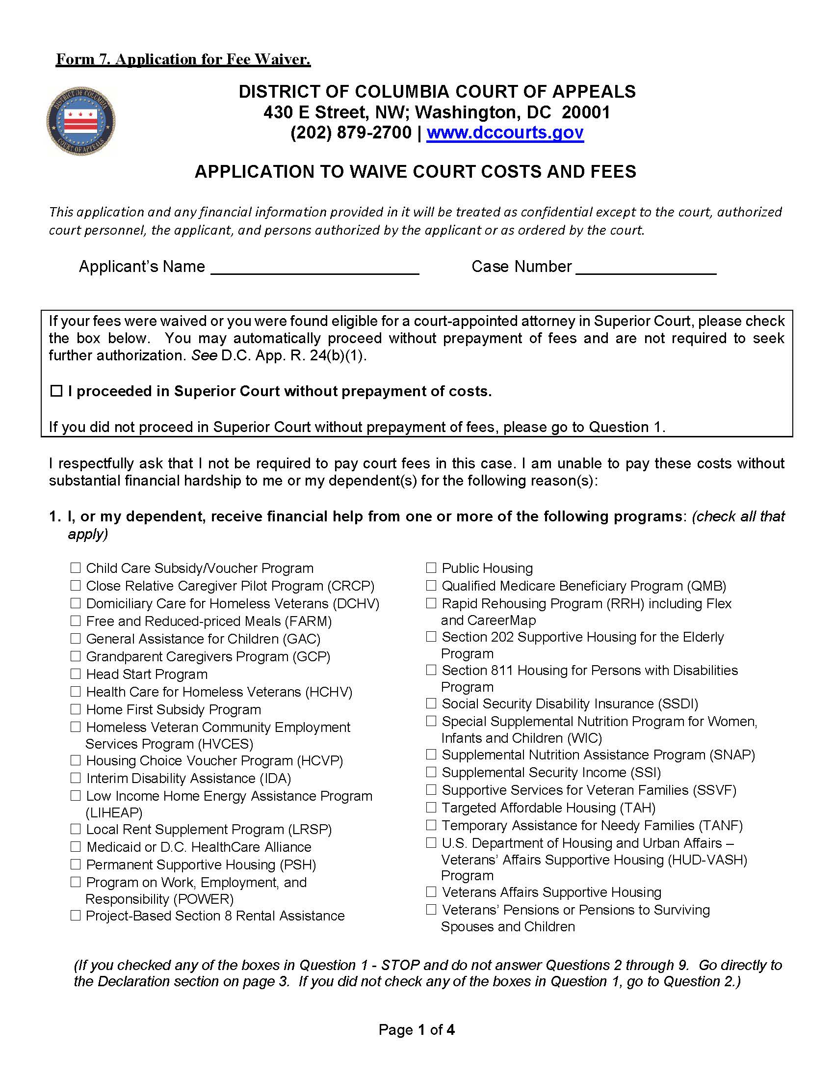 Application To Waive Court Costs And Fees {7} | Pdf Fpdf Docx | District Of Columbia