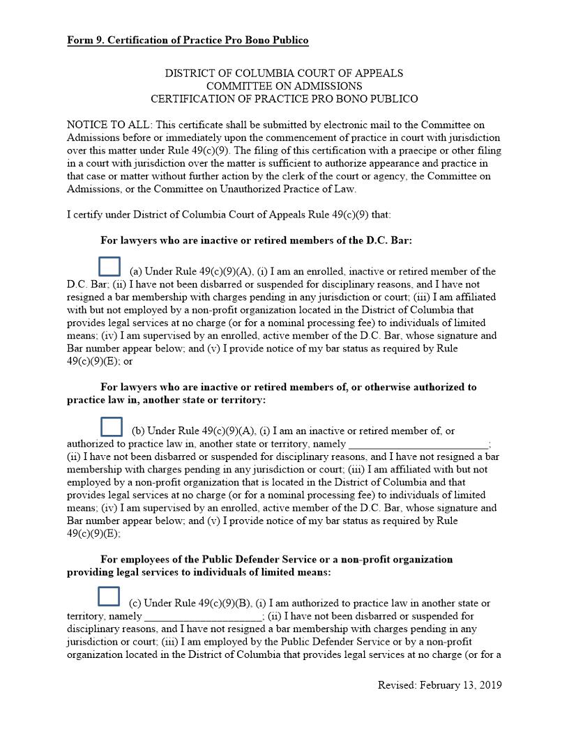 Certification Of Practice Pro Bono Publico {9} | Pdf Fpdf Docx | District Of Columbia