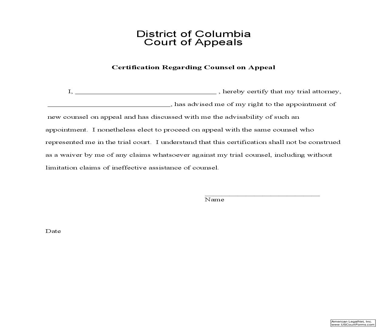 Certification Regarding Counsel On Appeal | Pdf Fpdf Doc Docx | District Of Columbia