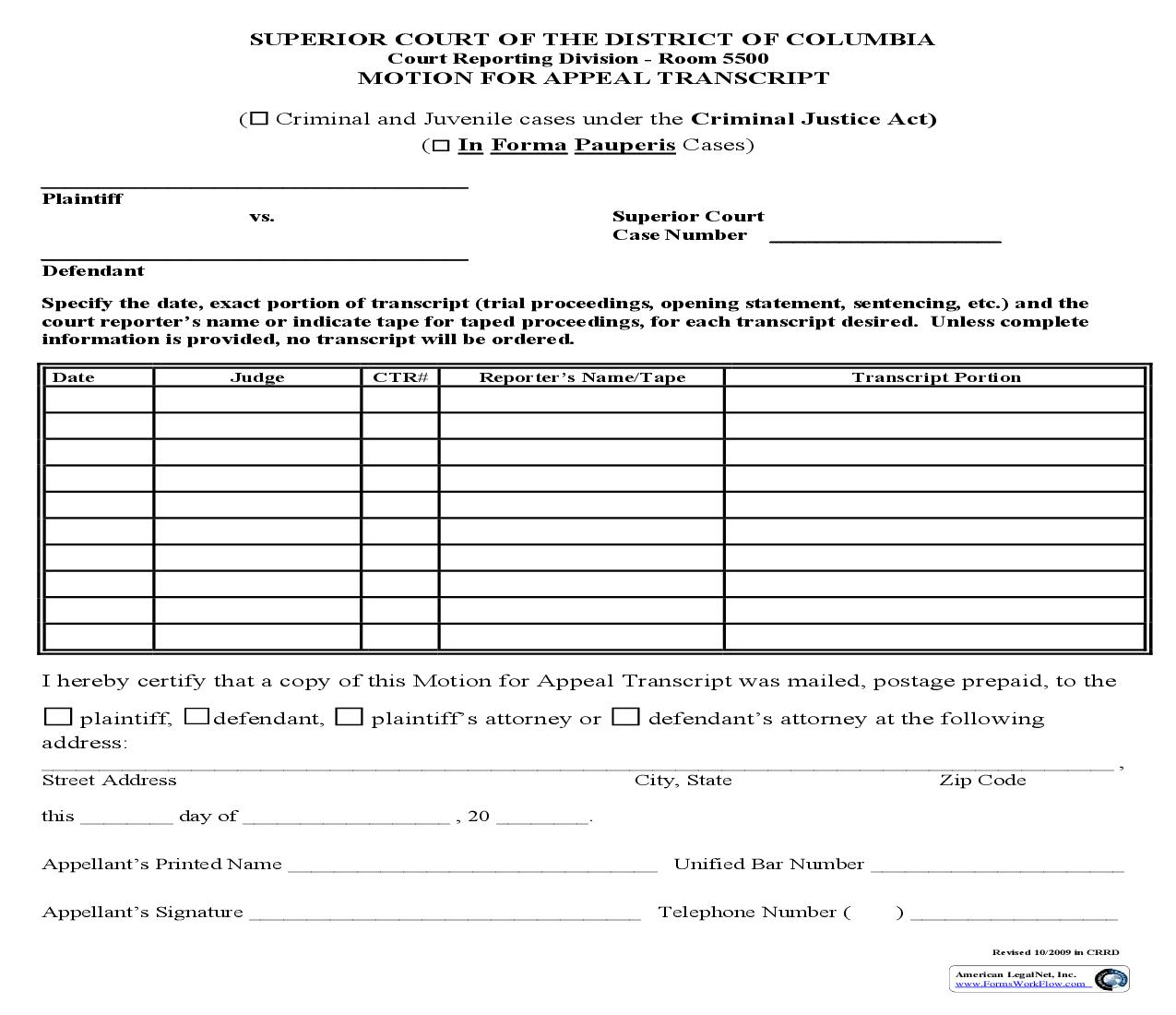 Motion For Appeal Transcript | Pdf Fpdf Doc Docx | District Of Columbia