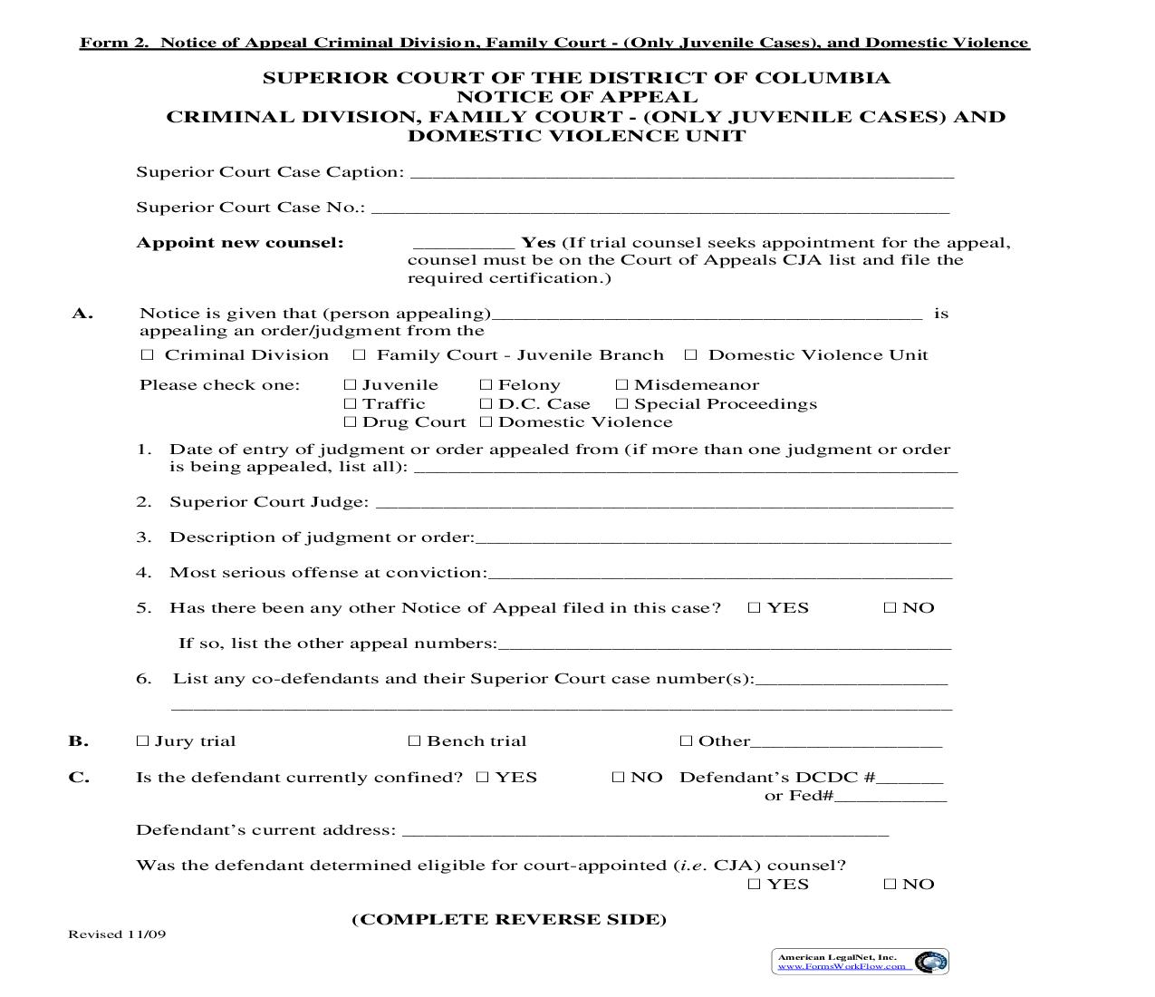 Notice Of Appeal (Criminal And Family Court) | Pdf Fpdf Doc Docx | District Of Columbia