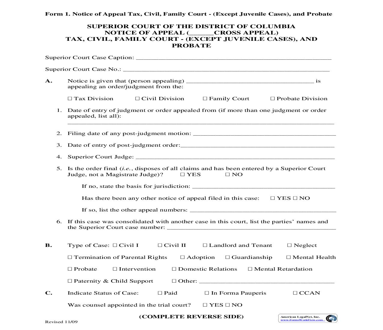 Notice Of Appeal (Tax-Civil-Family Except Juvenile Cases-Probate) {1} | Pdf Fpdf Doc Docx | District Of Columbia