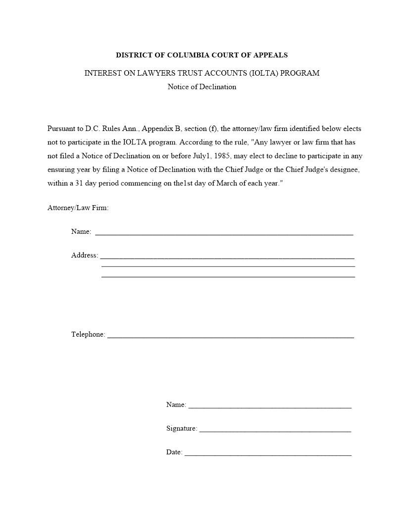 Notice Of Declination (IOLTA) | Pdf Fpdf Docx | District Of Columbia