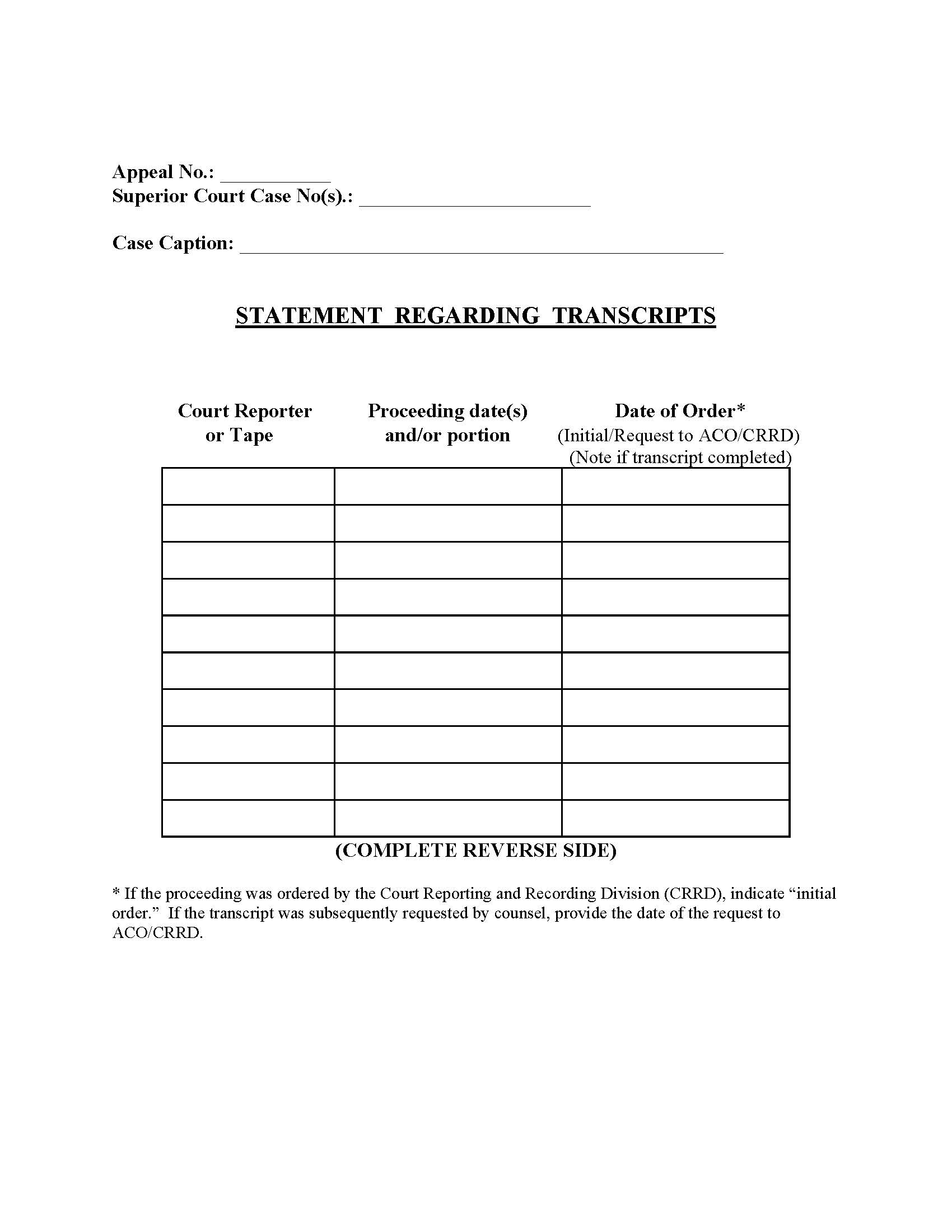 Statement Regarding Transcripts (Criminal) | Pdf Fpdf Doc Docx | District Of Columbia