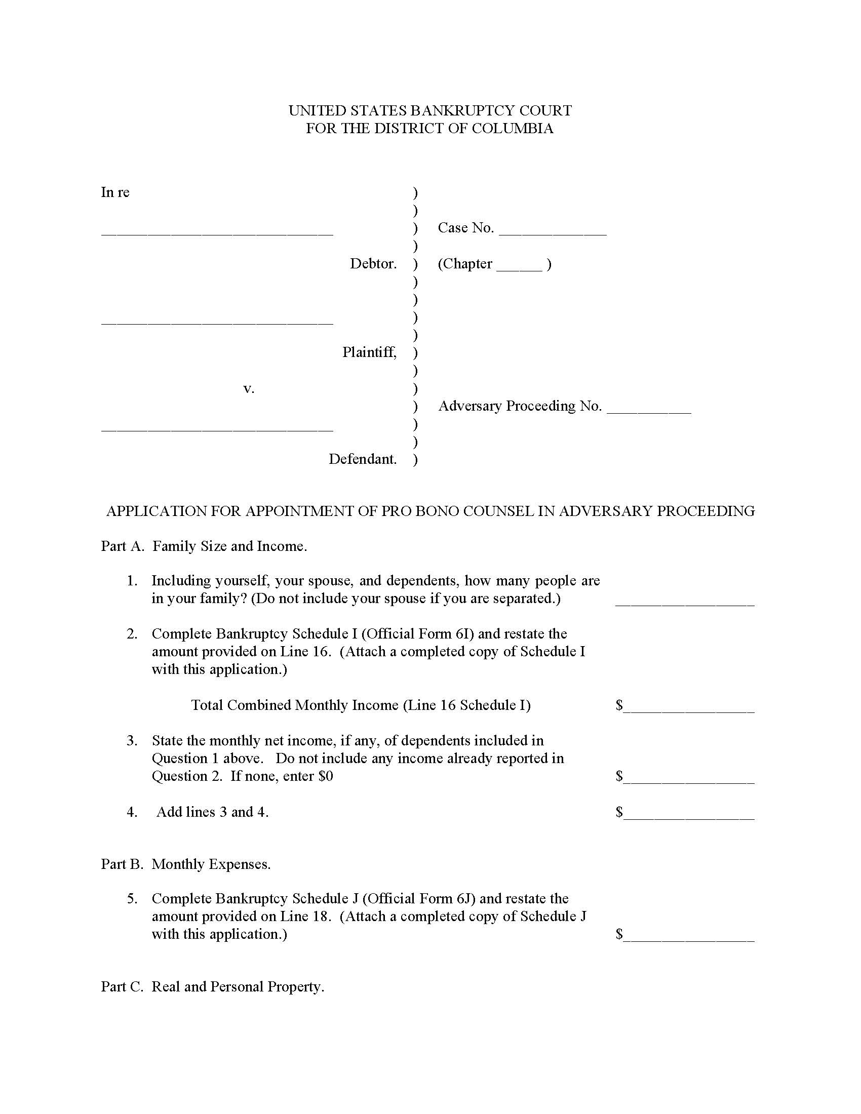 Application For Appointment Of Pro Bono Counsel (Adversary Proceeding) | Pdf Fpdf Doc Docx | District Of Columbia