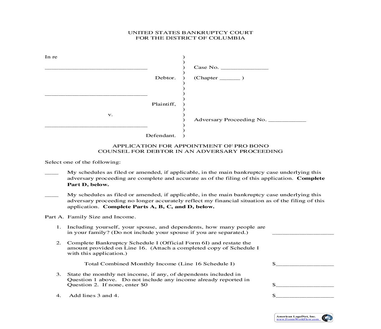 Application For Appointment Of Pro Bono Counsel (Debtor-Adversary Proceeding) | Pdf Fpdf Doc Docx | District Of Columbia