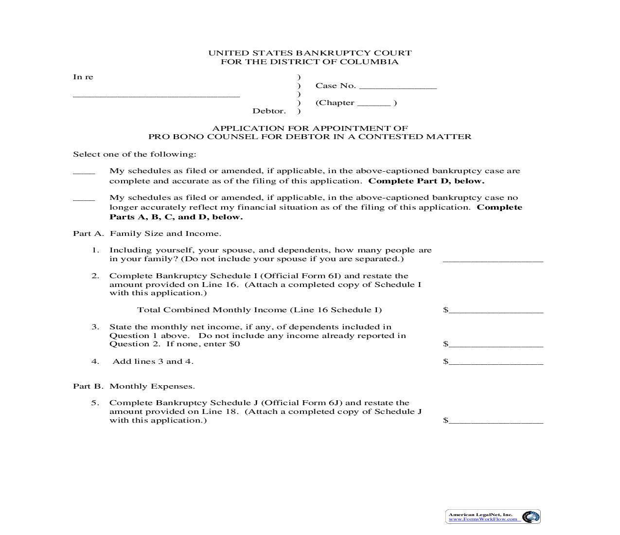 Application For Appointment Of Pro Bono Counsel (Debtor-Contested Matter) | Pdf Fpdf Doc Docx | District Of Columbia