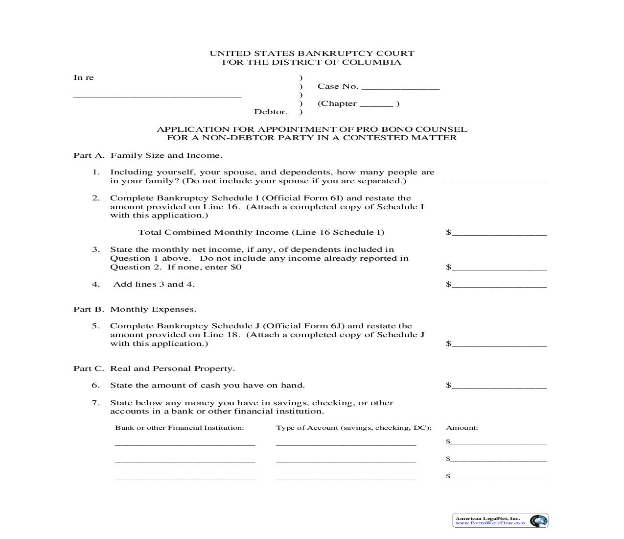 Application For Appointment Of Pro Bono Counsel (Non-Debtor-Contested Matter) | Pdf Fpdf Doc Docx | District Of Columbia