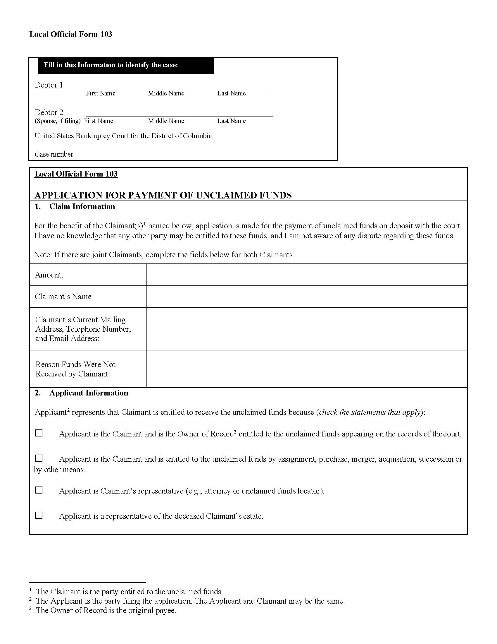 Application For Payment Of Unclaimed Funds {103} | Pdf Fpdf Docx | District Of Columbia