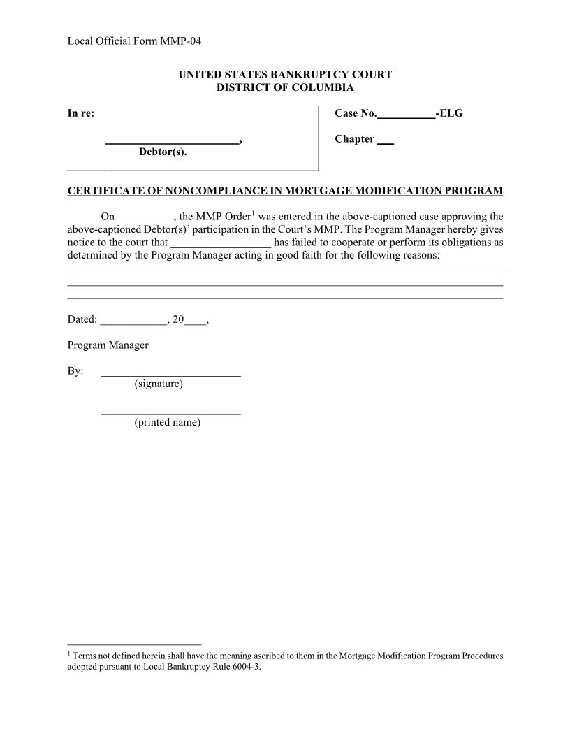 Certificate Of Noncompliance In Mortgage Modification Program {MMP-04} | Pdf Fpdf Docx | District Of Columbia