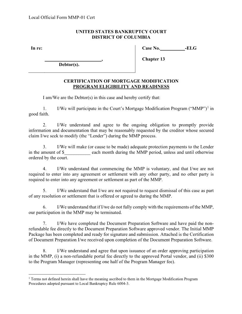 Certification Of Mortgage Modification Program Eligibility And Readiness {MMP-01 Cert} | Pdf Fpdf Docx | District Of Columbia