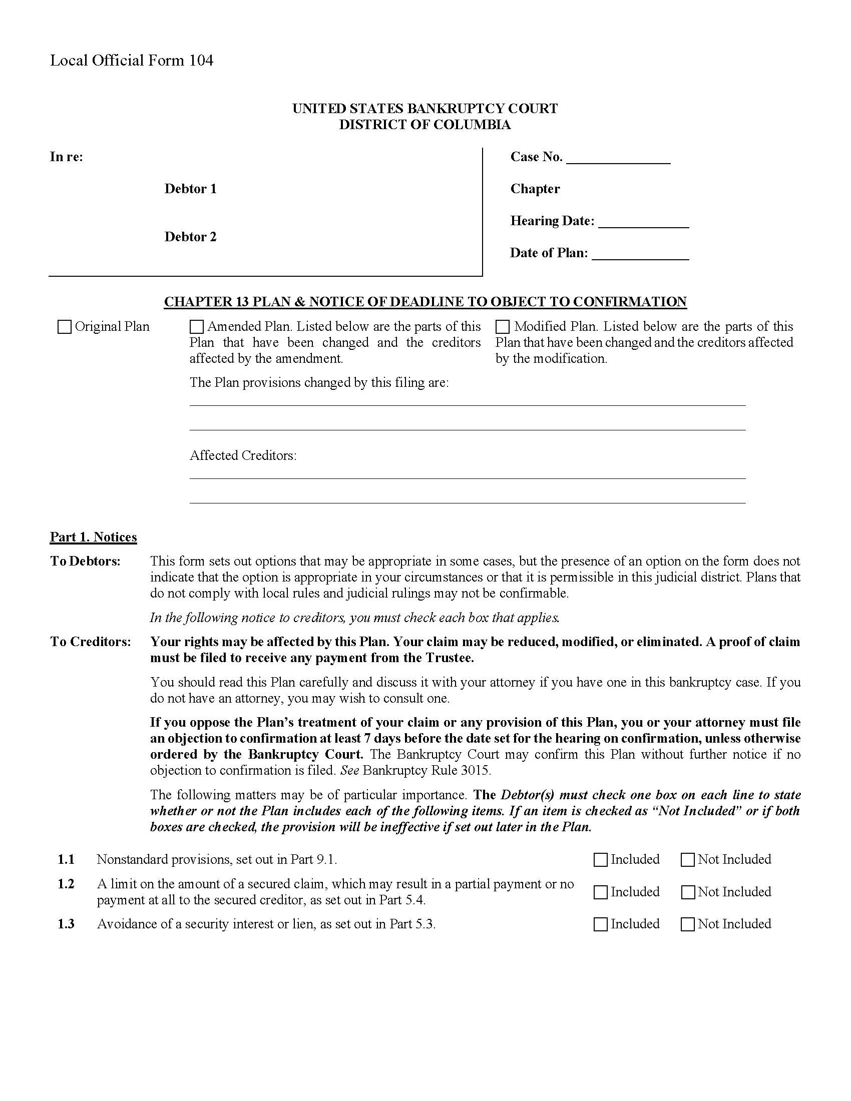 Chapter 13 Plan And Notice Of Deadline To Object To Confirmation {104} | Pdf Fpdf Docx | District Of Columbia