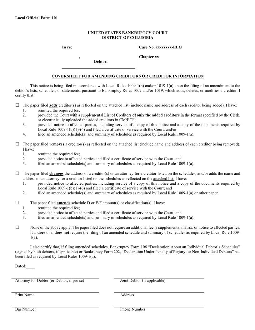 Coversheet For Amending Creditors Or Creditor Information {101} | Pdf Fpdf Docx | District Of Columbia
