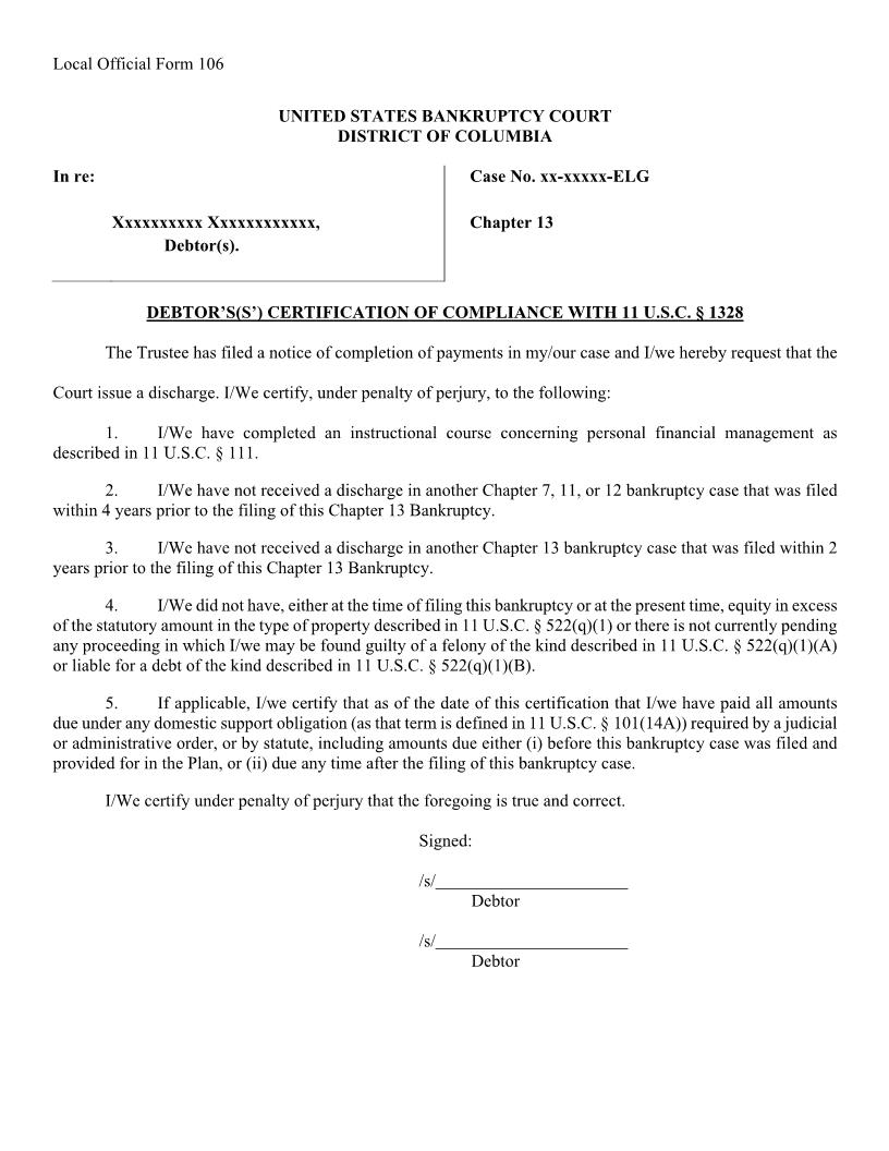 Debtors Certification Of Compliance With 11 U.S.C. 1328 {106} | Pdf Fpdf Docx | District Of Columbia