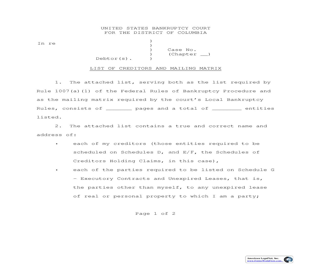 List Of Creditors And Mailing Matrix | Pdf Fpdf Doc Docx | District Of Columbia