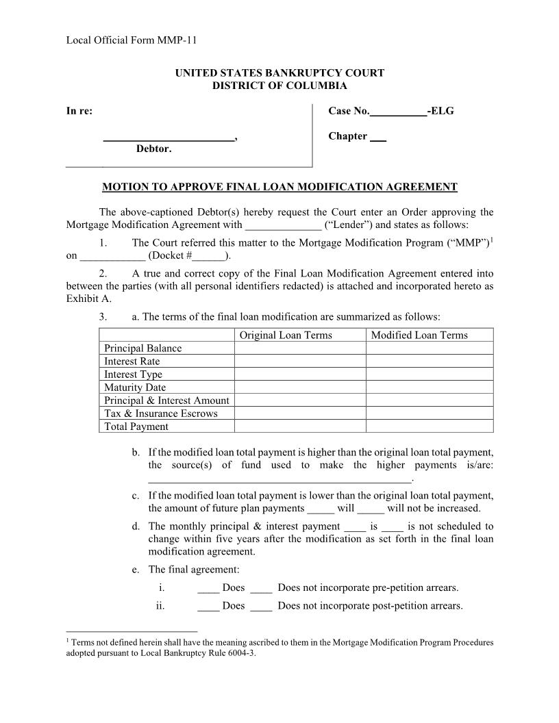 Motion To Approve Final Loan Modification Agreement {MMP-11} | Pdf Fpdf Docx | District Of Columbia