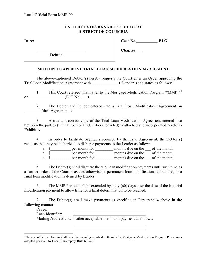Motion To Approve Trial Loan Modification Agreement {MMP-09} | Pdf Fpdf Docx | District Of Columbia