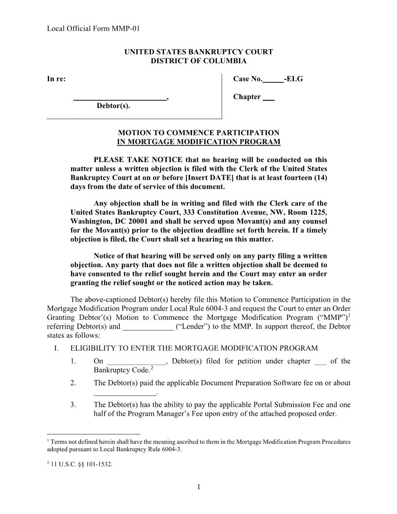 Motion To Commence Participation In Mortgage Modification Program {MMP-01} | Pdf Fpdf Docx | District Of Columbia