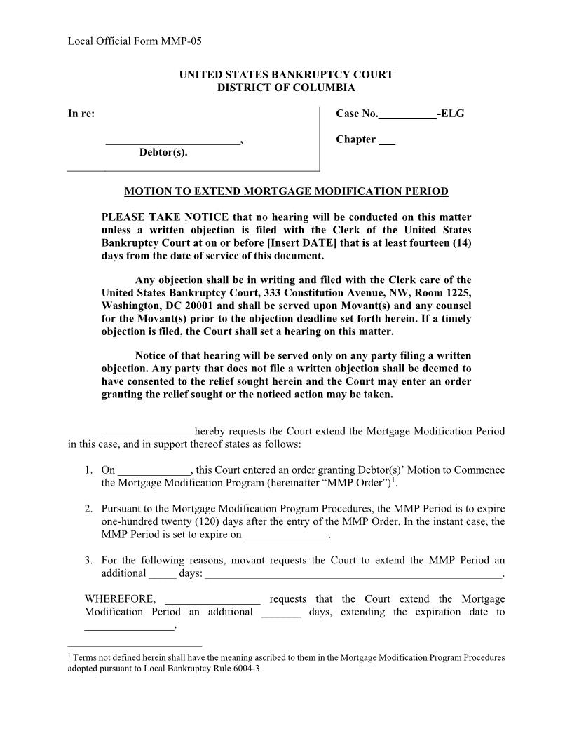 Motion To Extend Mortgage Modification Period {MMP-05} | Pdf Fpdf Docx | District Of Columbia