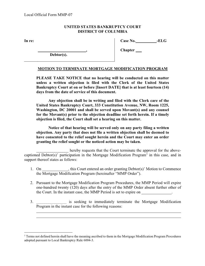 Motion To Terminate Mortgage Modification Program {MMP-07} | Pdf Fpdf Docx | District Of Columbia