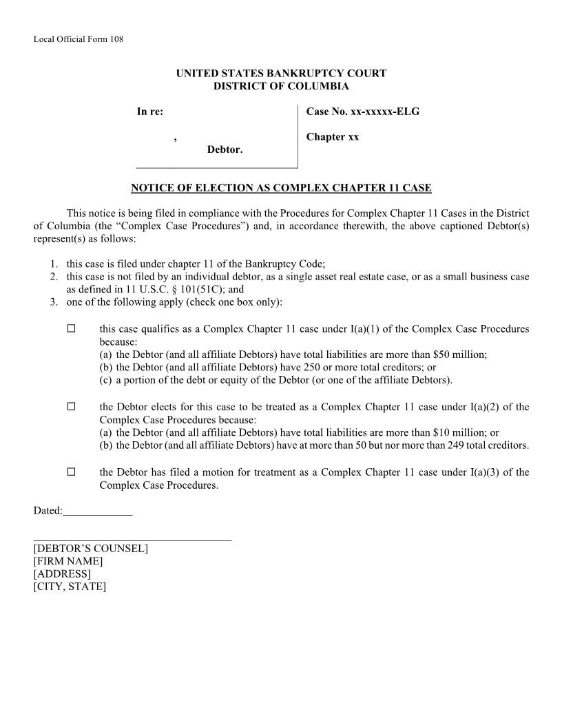 Notice Of Election As Complex Chapter 11 Case {108} | Pdf Fpdf Docx | District Of Columbia