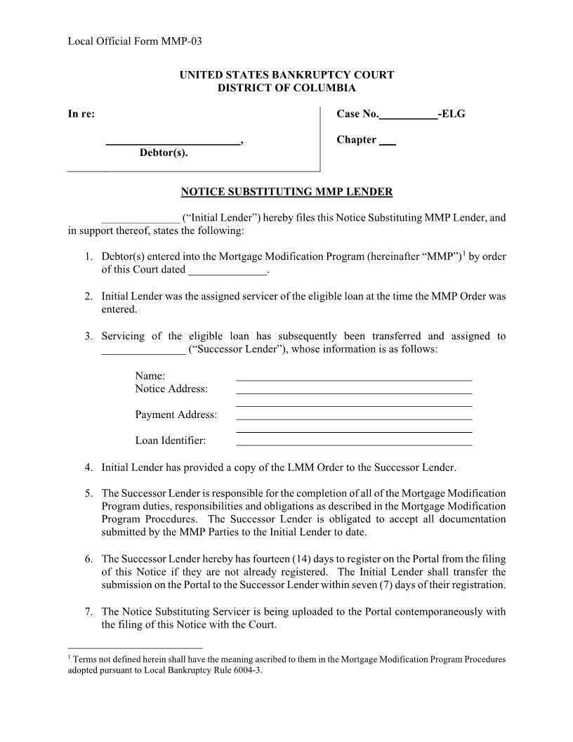 Notice Substituting MMP Lender {MMP-03} | Pdf Fpdf Docx | District Of Columbia