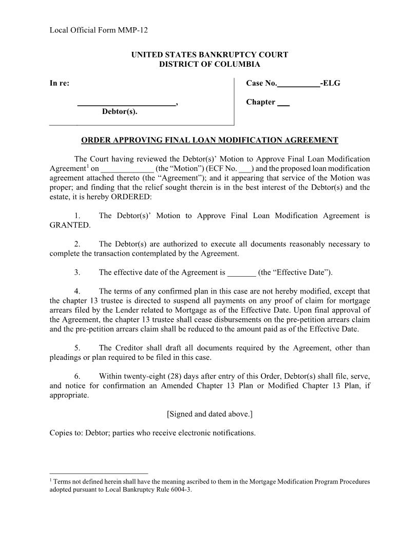 Order Approving Final Loan Modification Agreement {MMP-12} | Pdf Fpdf Docx | District Of Columbia