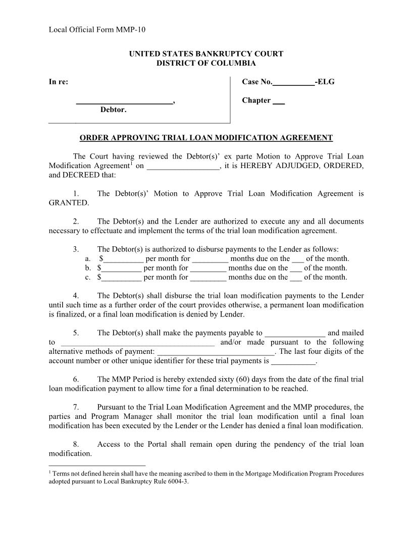 Order Approving Trial Loan Modification Agreement {MMP-10} | Pdf Fpdf Docx | District Of Columbia