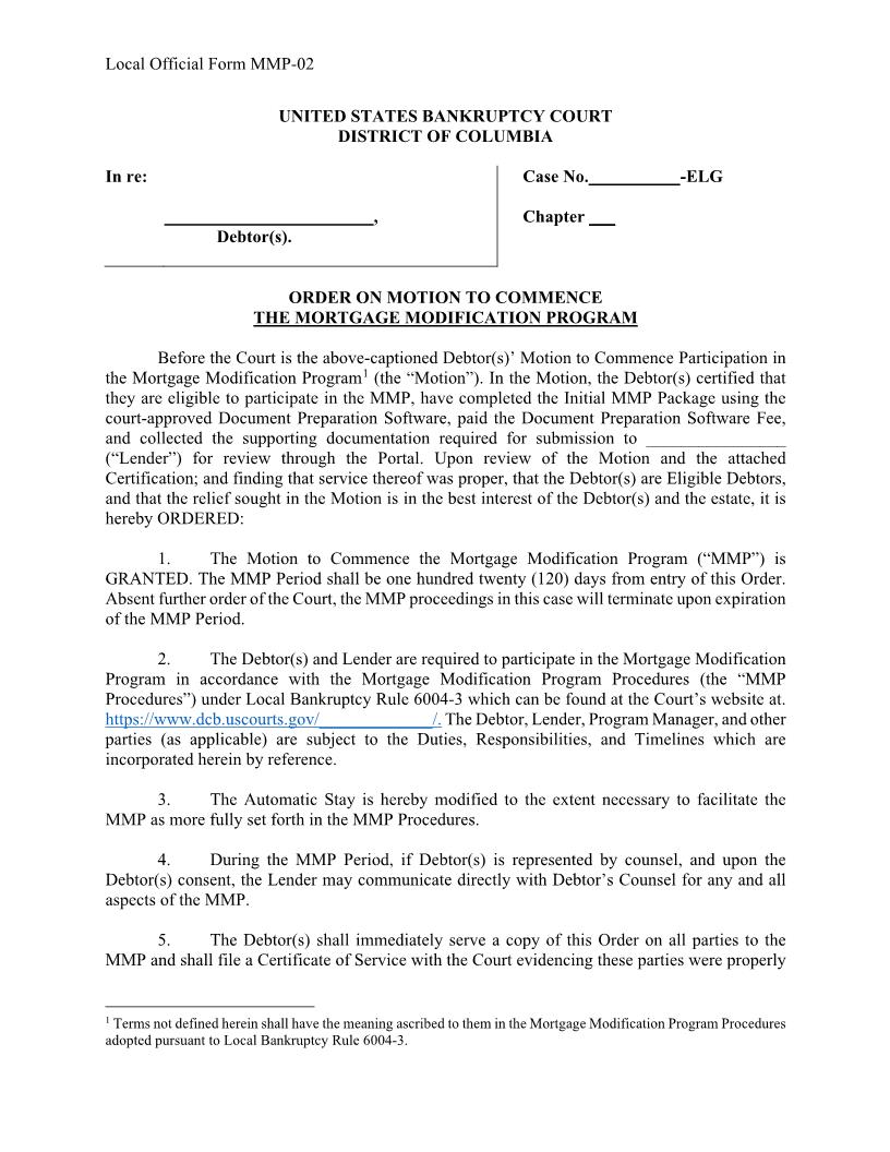 Order On Motion To Commence The Mortgage Modification Program {MMP-02} | Pdf Fpdf Docx | District Of Columbia
