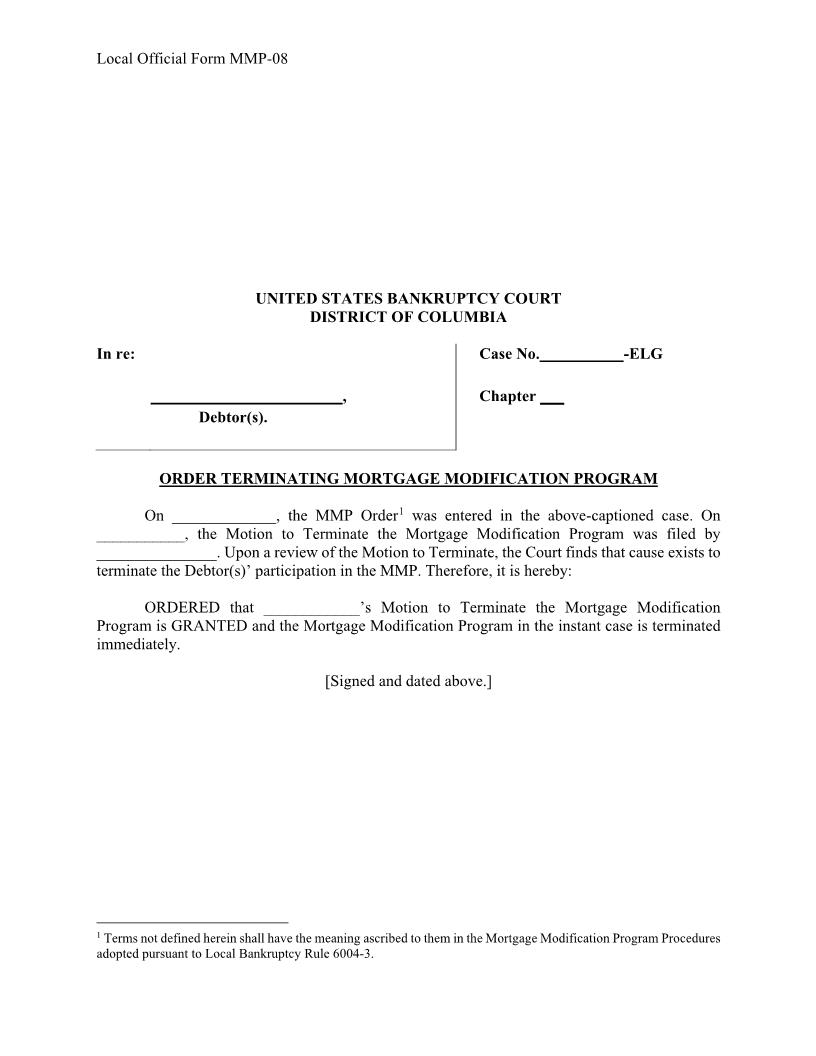 Order Terminating Mortgage Modification Program {MMP-08} | Pdf Fpdf Docx | District Of Columbia