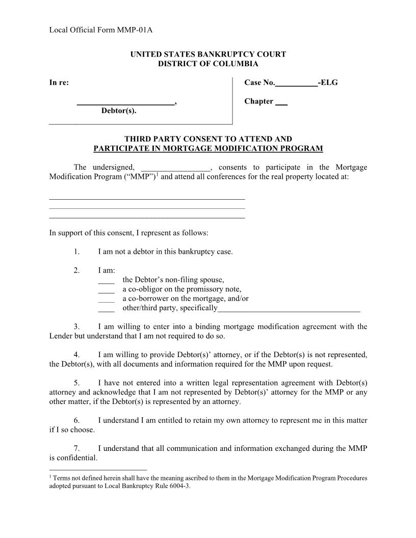 Third Party Consent To Attend And Participate In Mortgage Modification Program {MMP-01A} | Pdf Fpdf Docx | District Of Columbia