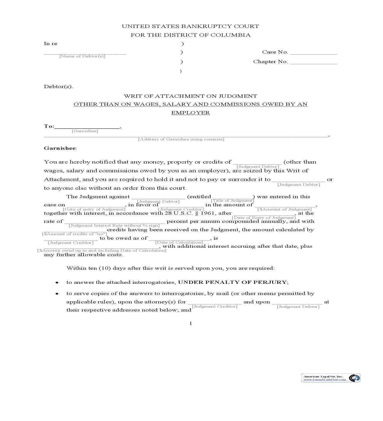 Writ Of Attachment On Judgment Other Than On Wages Salary And Commission And Interrogatories | Pdf Fpdf Doc Docx | District Of Columbia
