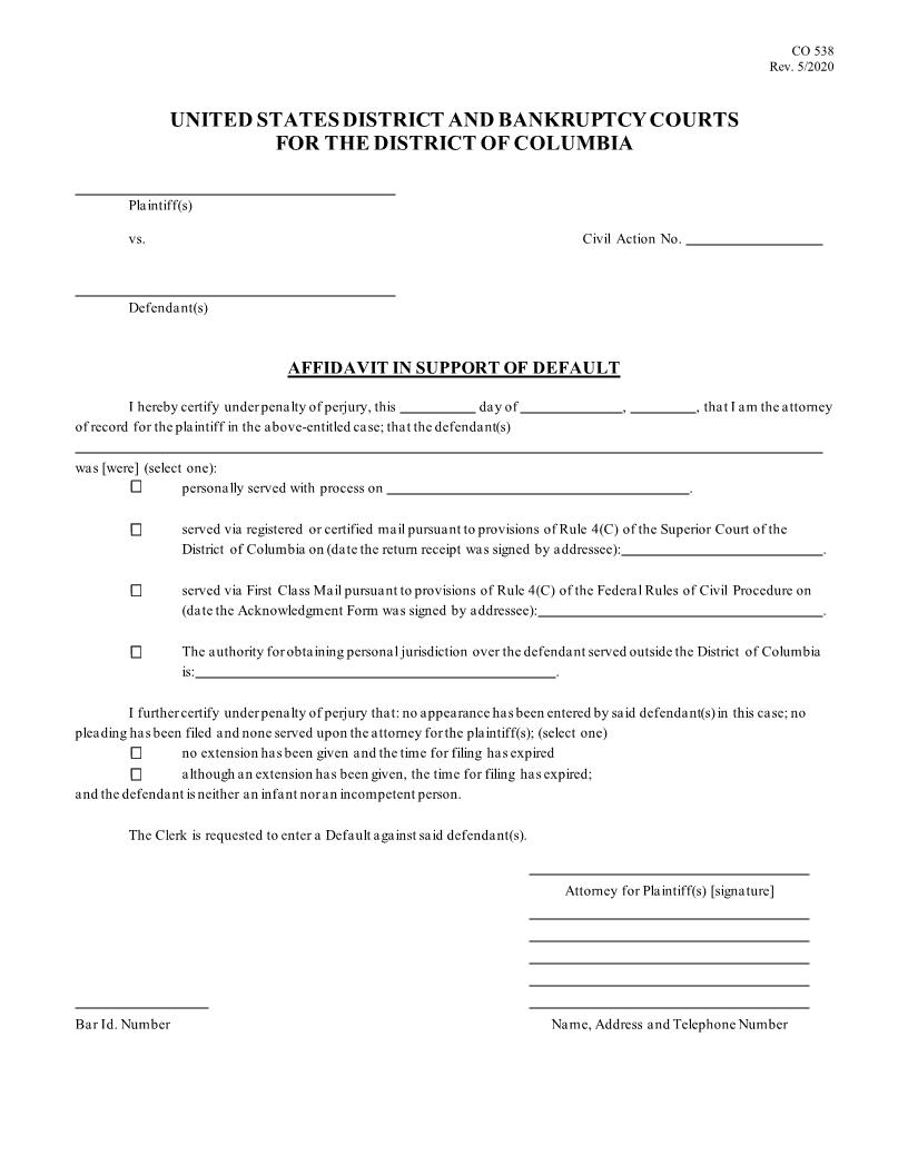 Affidavit In Support Of Default {CO-538} | Pdf Fpdf Doc Docx | District Of Columbia