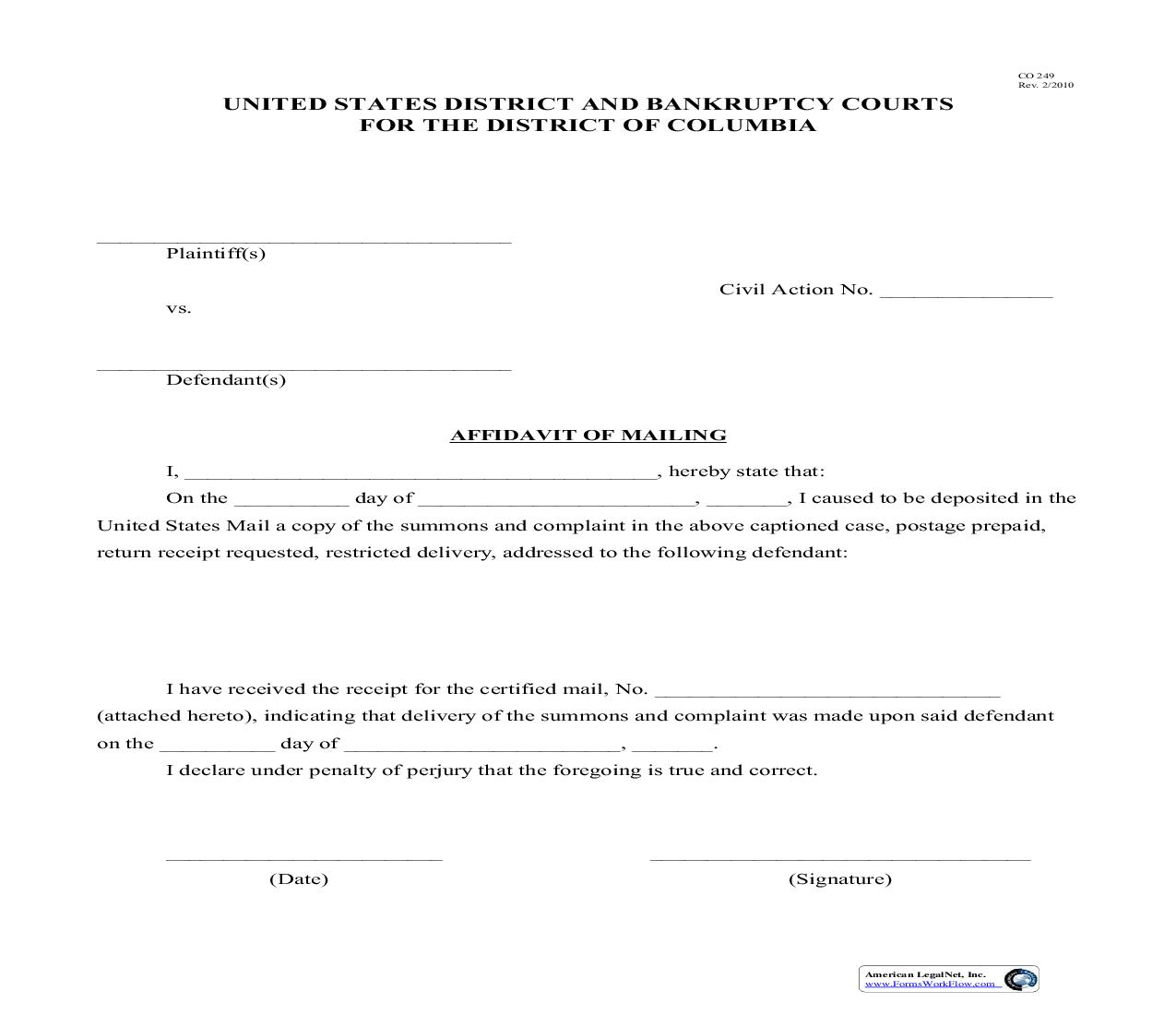 Affidavit Of Mailing {CO-249} | Pdf Fpdf Doc Docx | District Of Columbia