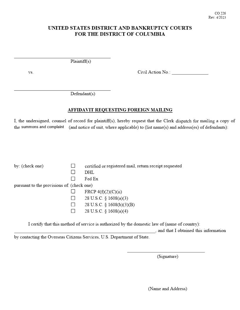 Affidavit Requesting Foreign Mailing {CO-226} | Pdf Fpdf Docx | District Of Columbia