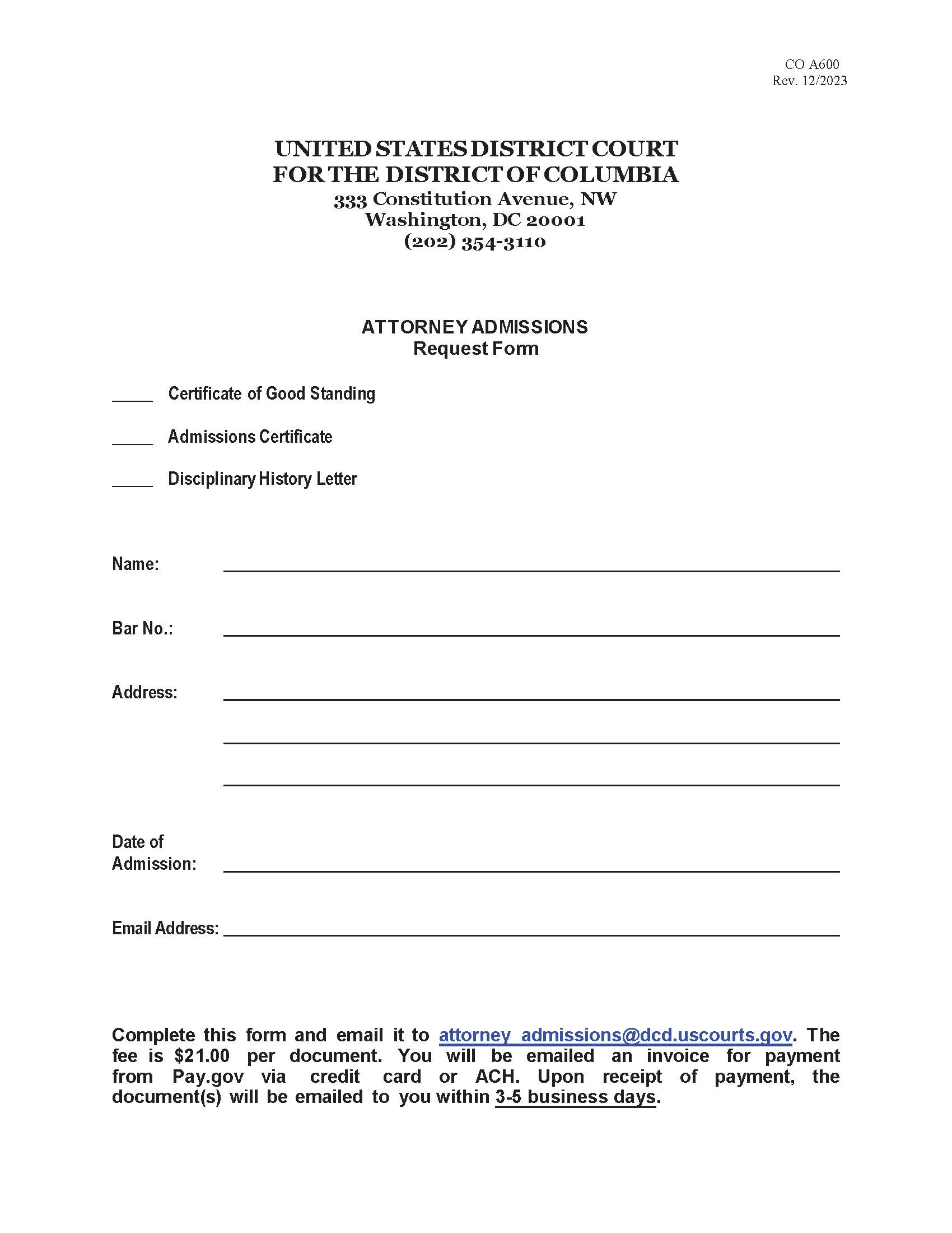 Certificate Of Good Standing Request Form | Pdf Fpdf Doc Docx | District Of Columbia