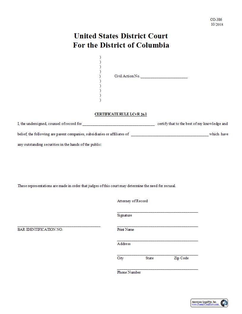 Certificate Rule LCvR 26.1 {CO-386} | Pdf Fpdf Docx | District Of Columbia