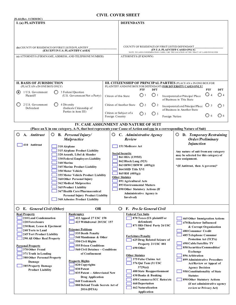Civil Cover Sheet {JS 44} | Pdf Fpdf Doc Docx | District Of Columbia