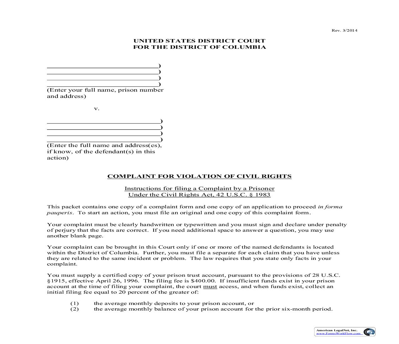 Complaint For Violation Of Civil Rights | Pdf Fpdf Doc Docx | District Of Columbia