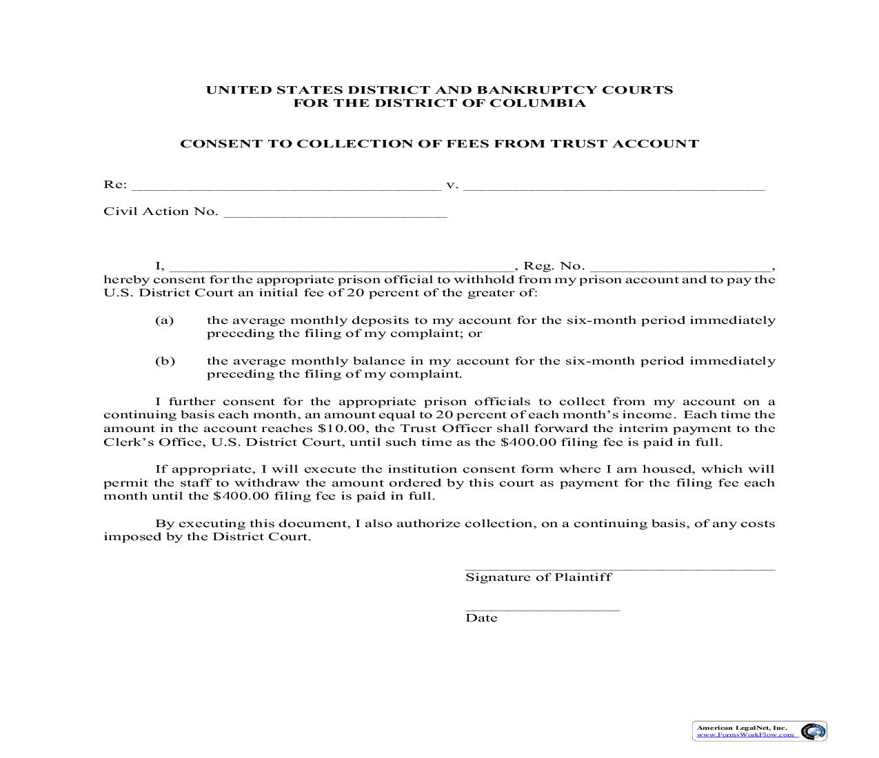 Consent To Collection Of Fees From Trust Account | Pdf Fpdf Doc Docx | District Of Columbia