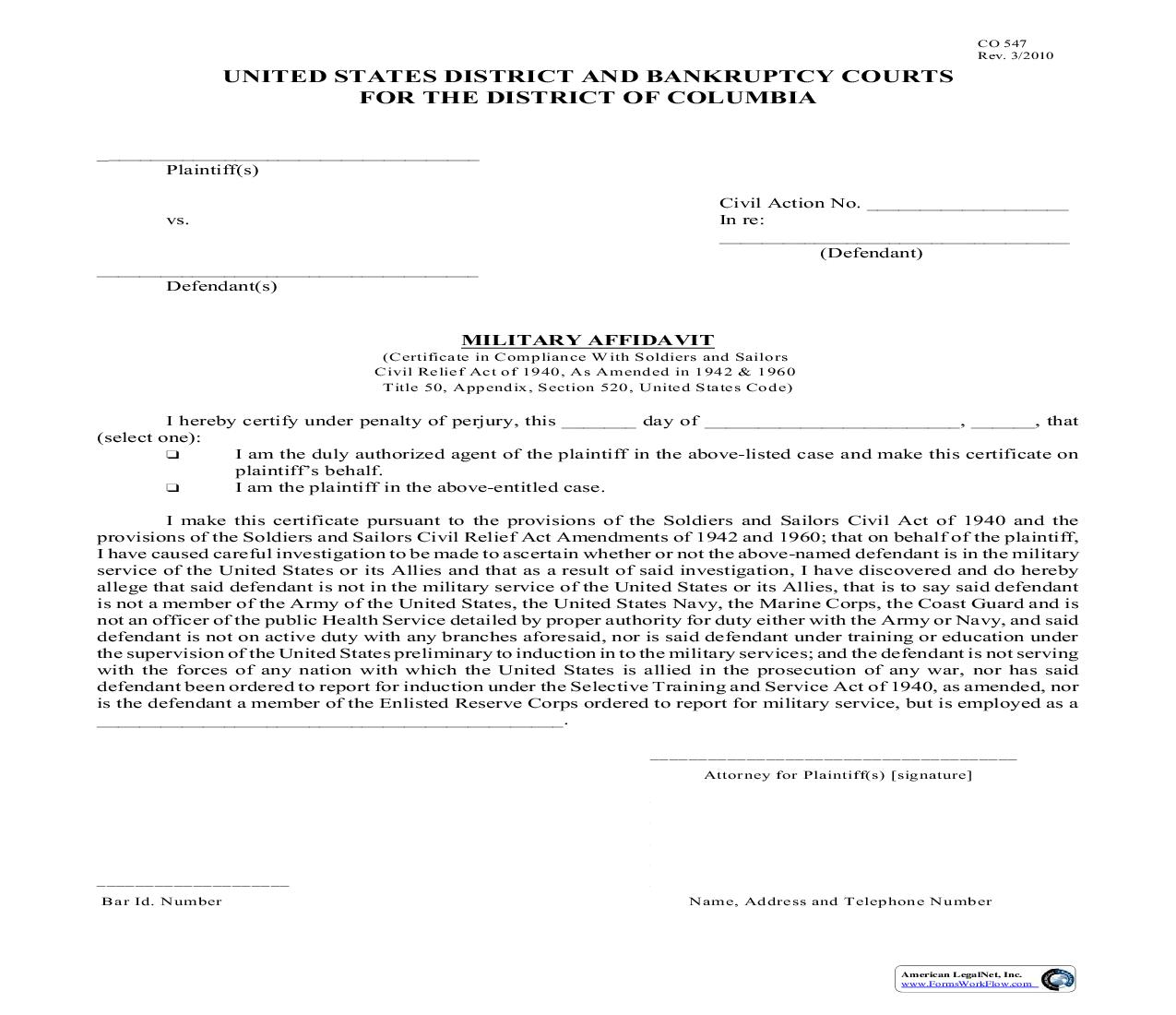 Military Affidavit {CO-547} | Pdf Fpdf Doc Docx | District Of Columbia