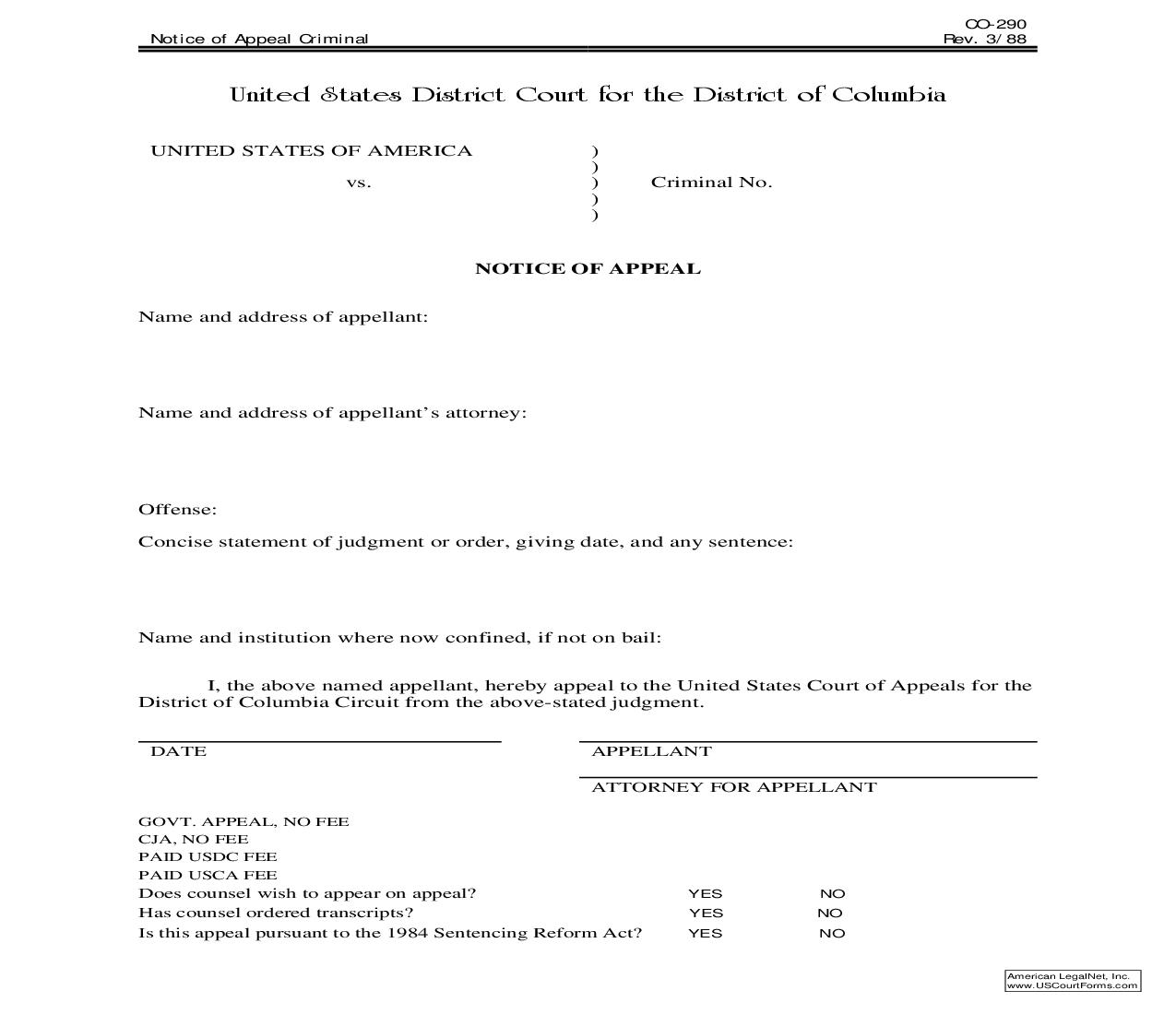 Notice Of Appeal (Criminal Case) | Pdf Fpdf Doc Docx | District Of Columbia