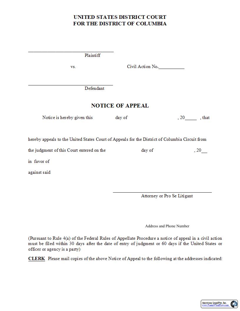 Notice Of Appeal (In A Civil Case) | Pdf Fpdf Docx | District Of Columbia