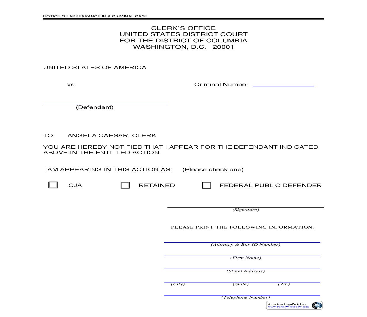 Notice Of Appearance In A Criminal Case | Pdf Fpdf Doc Docx | District Of Columbia
