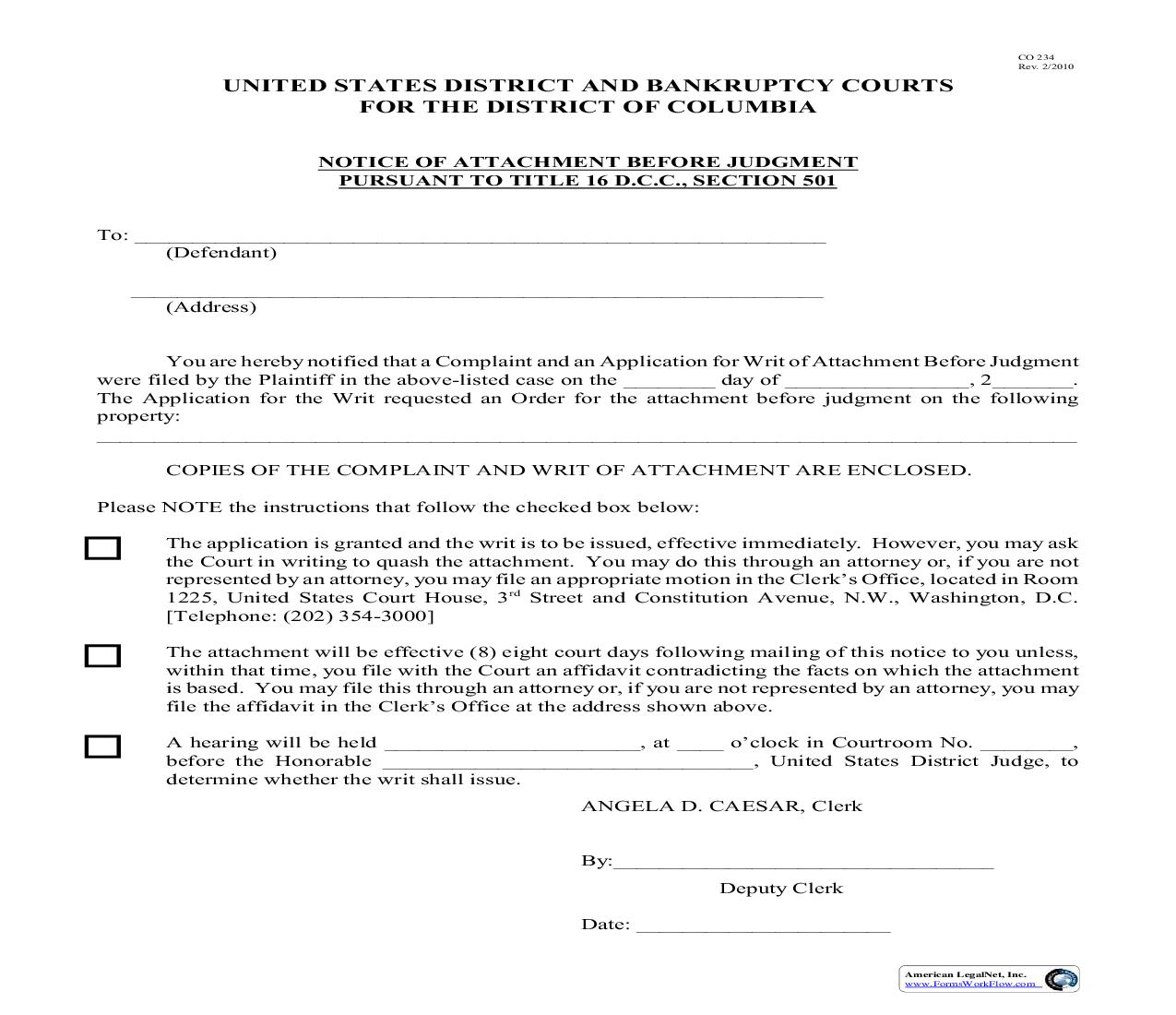 Notice Of Attachment Before Judgement Pursuant To Title {CO-234} | Pdf Fpdf Doc Docx | District Of Columbia