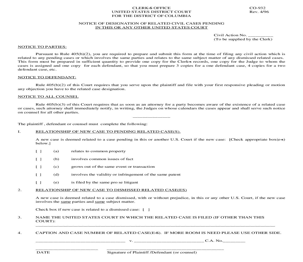 Notice Of Designation Of Related Civil Cases Pending {CO-932} | Pdf Fpdf Doc Docx | District Of Columbia