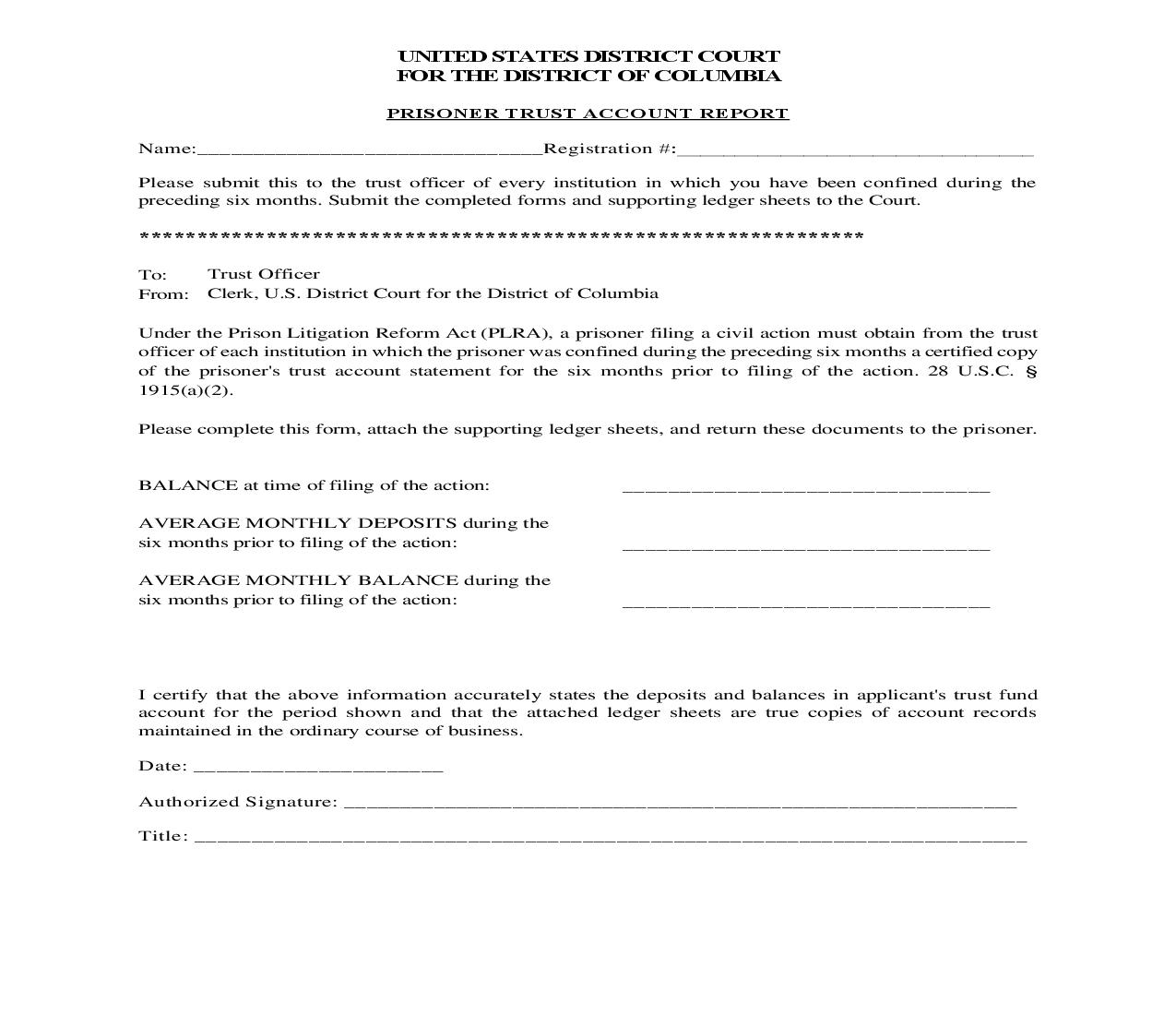 Prisoner Trust Account Report | Pdf Fpdf Doc Docx | District Of Columbia