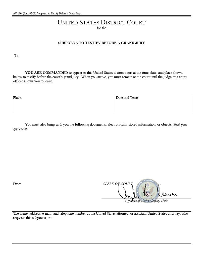 Subpoena To Testify Before A Grand Jury {AO 110} | Pdf Fpdf Docx | District Of Columbia